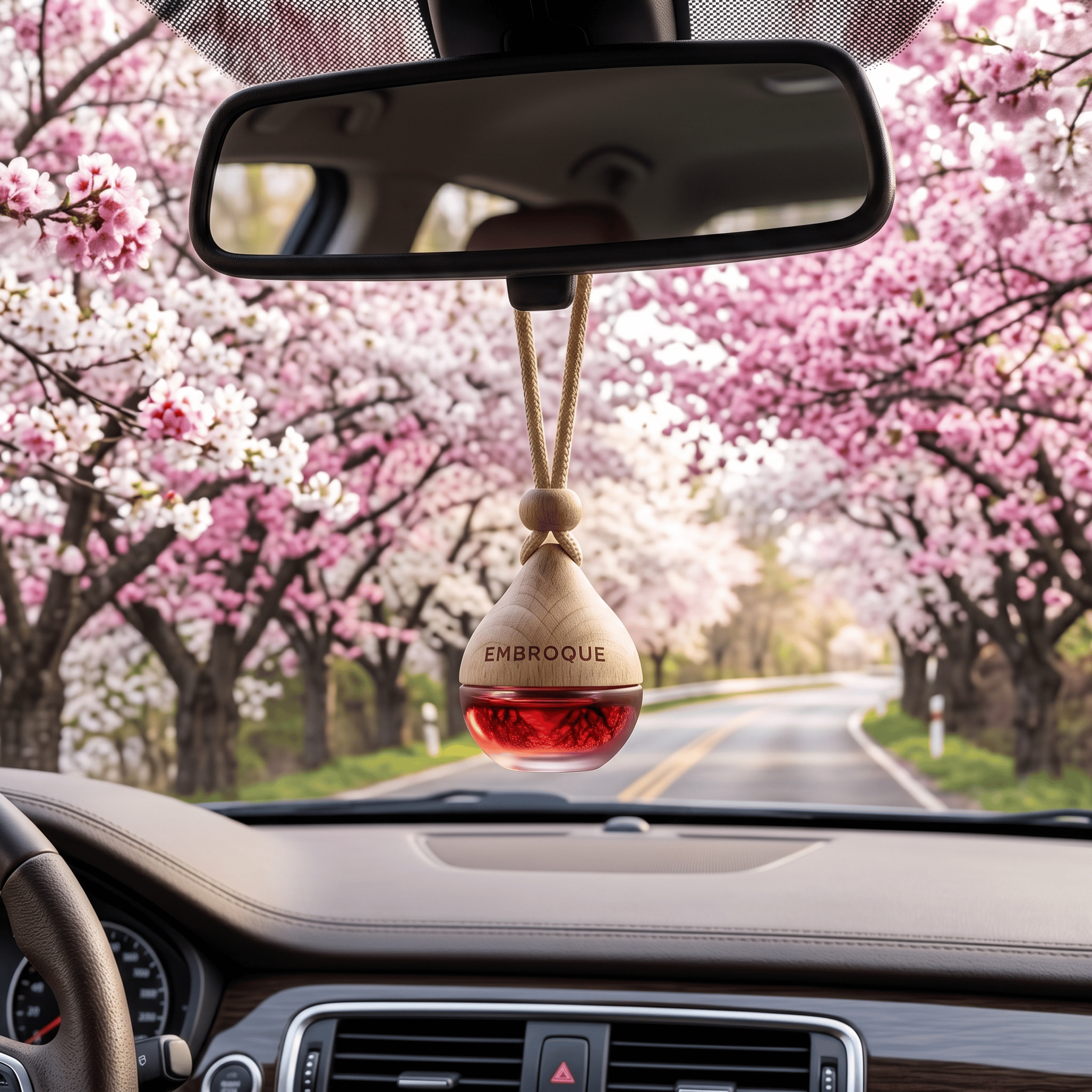 Air freshener hanging from car rearview mirror with cherry blossom trees outside.